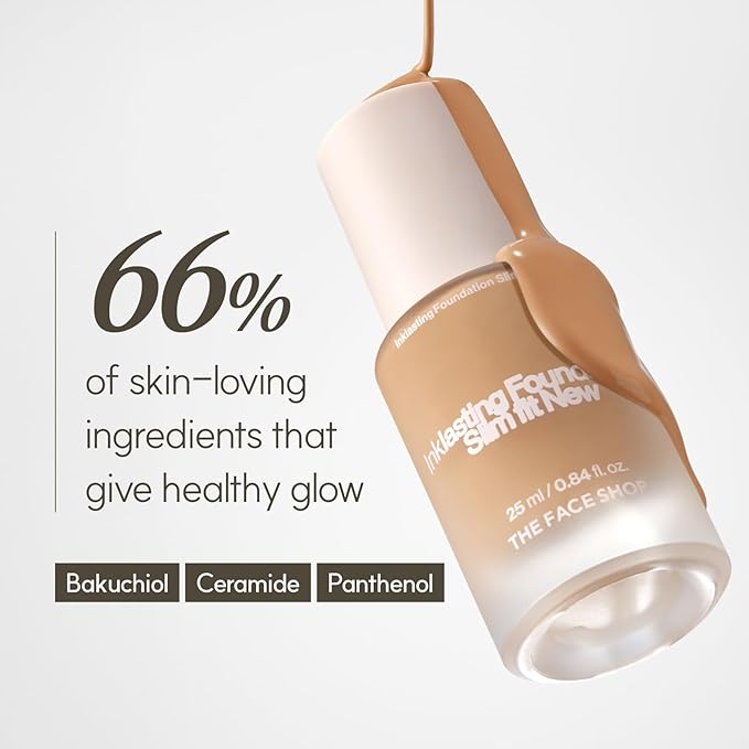 THE FACE SHOP Ink Lasting Liquid Foundation, Full Coverage, 72‑Hour Wear Semi‑Matte Finish, Makeup with Bakuchiol, W130 Warm Beige, 0.84 Fl. Oz.