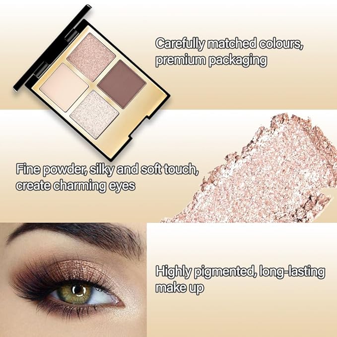 4 Colors Eyeshadow Makeup Palette,Nude Rose Gold Brown Natural Neutral Nude Eye Shadow Palette with Mirror,Long Lasting Naturing-Looking,Waterproof,Travel Size