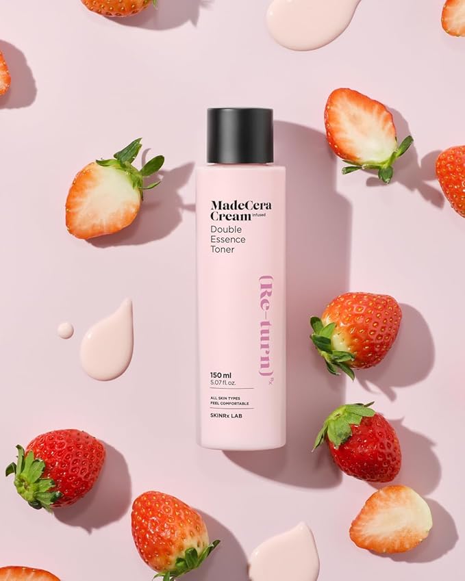 SKINRxLAB MadeCera Cream Double Essence Korean Toner 2 Pack - Hydrating and Soothing Toner with Milk Protein, Ceramide, Beta-Glucan - Moisturizing Strawberry Milky for Irritated Skin