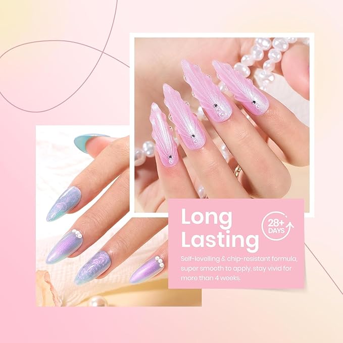 Beetles Pearl Gel Nail Polish, 6 Colors Shimmer Pearl White Pink Purple Mermaid Nail Drawing Gel Polish Soak Off Uv Gel Polish Swirl Shell Thread Effect DIY Manicure Gift for Women