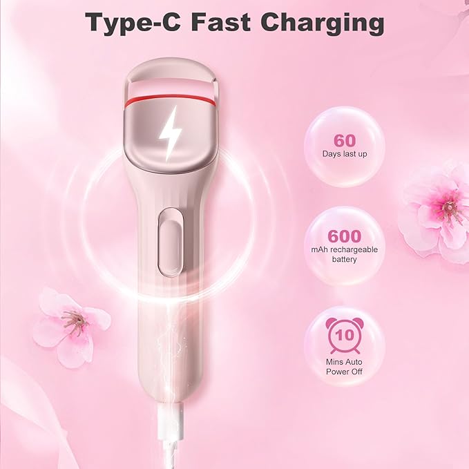 Heated Eyelash Curler Professional - Eye Lashes Curler with Innovative Heating Silicone, Electric Eyelashes Curler with 600mAh Rechargeable Battery EC4001 (Pink)