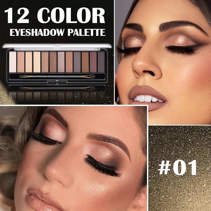 12 Colors Eyeshadow Palette – Neutral Warm Tone Matte & Glitter Eye Makeup Palette, High Pigment Waterproof Eyeshadow Kit for Women – Blendable Natural Brown, Nude, Rose Gold Shimmer Makeup 01#