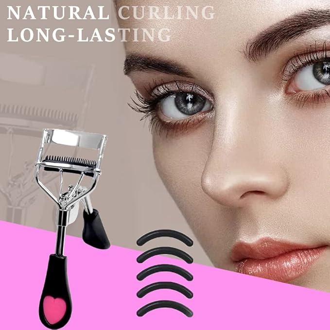 Stainless Steel Eyelash Curler with Built-in Comb Pinch Pain-Free Lash Curler with Brush Suitable for Any Eye Shapes and Sizes and with 5 Silicone Refill Pads (Black)