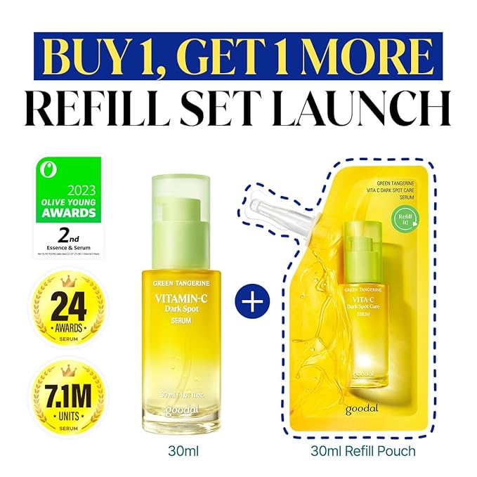 GOODAL Green Tangerine Vitamin C Serum - Advanced Version (2.02 Fl Oz (Pack of 2, Refill Included))