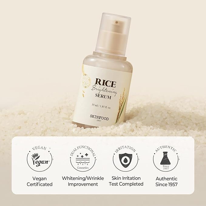 SKINFOOD Rice Daily Serum, Korean Skincare Facial Essence for Glow Glass Skin, Fermented Natural Rice Water Milk for Face, Pore Minimizing, Deep Hydrating, Dark Spot Correcting, 55ml/1.86fl.oz.