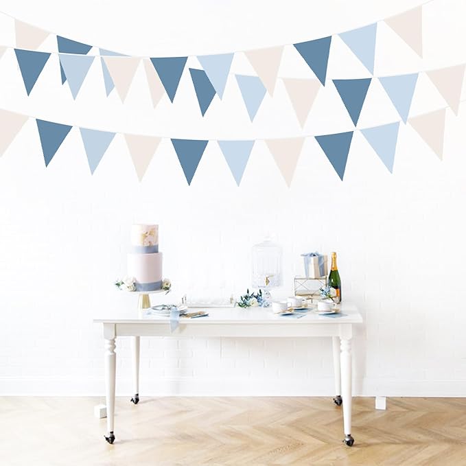 32Ft Blue Party Decorations Retro Blue Triangle Banner Flag Pennant Bunting Fabric Garland Streamers for Nautical Wedding Birthday Ahoy Achor Bridal Baby Shower Under The Sea Party Decoration