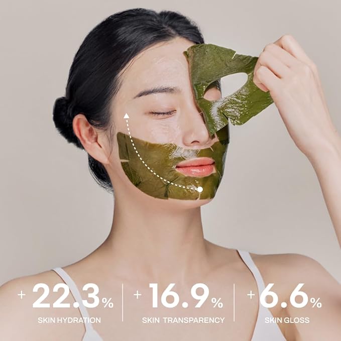 Whamisa Organic Algae Kelp Facial Sheet Mask, De-Puffing, Deep Hydration, Soothing, Moisturizing, Postbiotics, Fermentation (5 PCS/Pack)