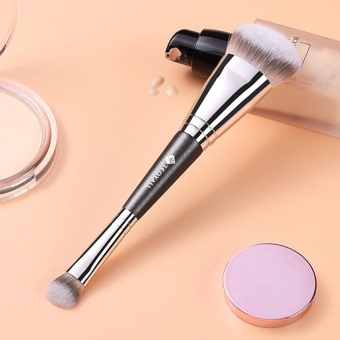 TEOYALL Dual-Ended Foundation Under Eye Concealer Brush, Sloped Angled Contour Synthetic Bristles for Liquid Cream Powder