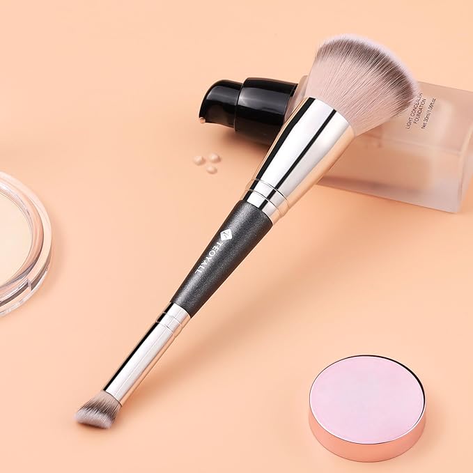 TEOYALL Dual-Ended Foundation Under Eye Concealer Brush, Flat Angled Contour Synthetic Bristles for Liquid Cream Powder