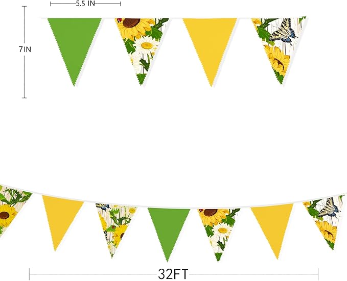 32Ft Yellow Green Pennant Banner Fabric Sunflower Butterfly Triangle Flag Bunting Garland for Spring Summer Party Decorations Birthday Wedding Baby Shower Tea Party Outdoor Garden Hanging Decorations