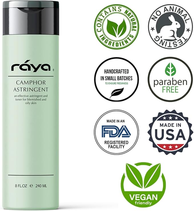 RAYA Camphor Astringent (204) - Facial Toner for Oily and Break-Out Skin, Dries Up Blemishes and Controls Excessive Oiliness, Made with Camphor and Eucalyptus, Skin Essence for Acne Prone Skin, 8 oz