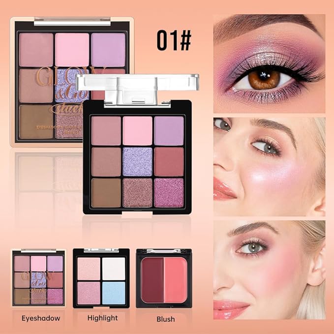 All-in-One Makeup Palette – 9 Color Matte & Pearlescent Eyeshadow, 4 Color Shimmer Highlighter, 2 Color Buildable Blush – Long Lasting, Blendable Face & Eye Makeup Kit (01#, 1 Count (Pack of 1))