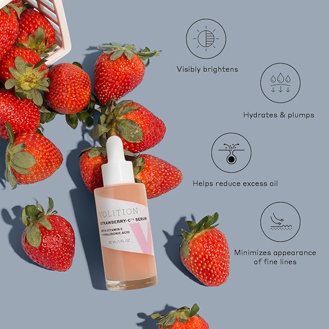 Volition Beauty Strawberry-C Brightening Serum with Vitamin C + Hyaluronic Acid | Soothes, Reduces Excess Oil, Improves Skin Luminosity & Smooths the Look of Wrinkles | Vegan