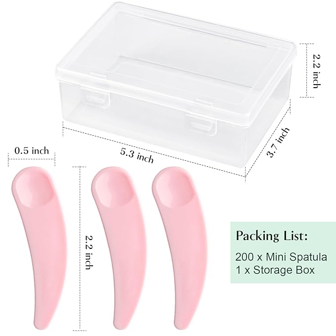 TUZAZO 200pcs Mini Spatula for Cosmetics, Bulk Disposable Makeup Spatulas Mini Plastic Makeup Scoop Spatulas for Cosmetic Mixing and Sampling (Pink with Storage Box)