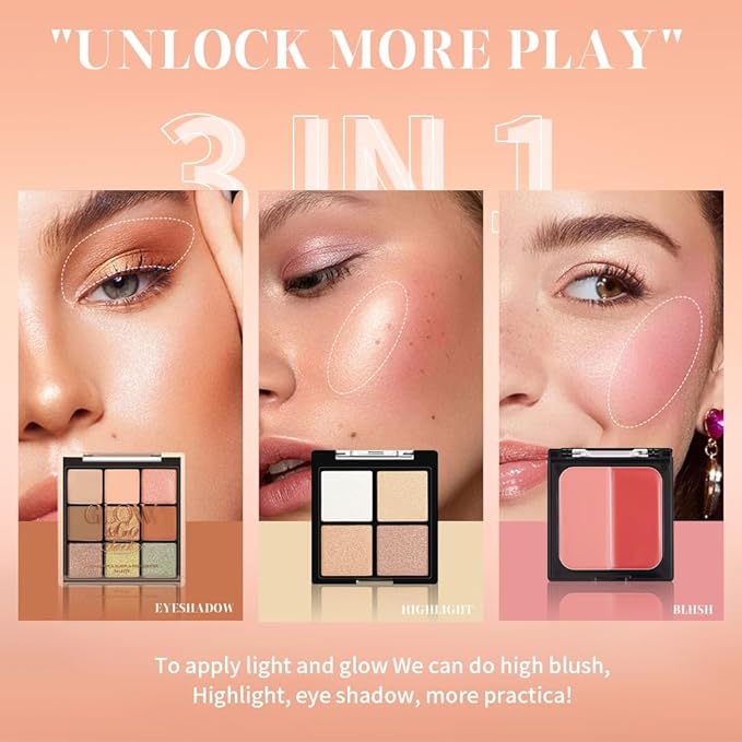 All-in-One Makeup Palette – 9 Color Matte & Pearlescent Eyeshadow, 4 Color Shimmer Highlighter, 2 Color Buildable Blush – Long Lasting, Blendable Face & Eye Makeup Kit (02#, 1 Count (Pack of 1))