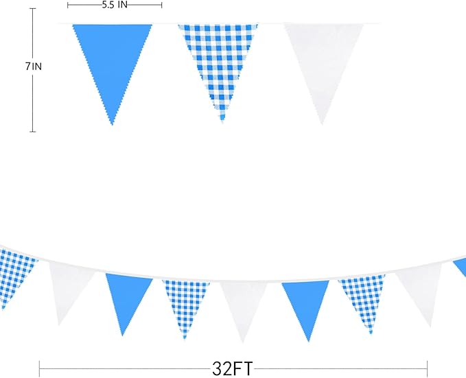 32Ft Blue Party Decorations Blue Buffalo Plaid Checkered White Triangle Flag Gingham Pennant Bunting Fabric Garland for Picnic Racing Car BBQ Birthday Wedding Carnival Party Outdoor Home Garden Decor