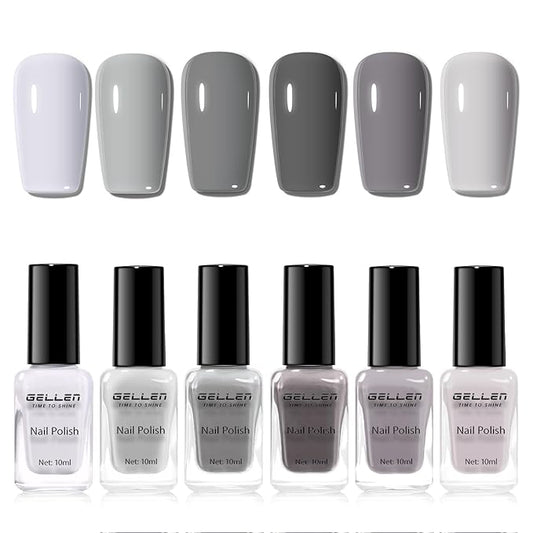 GELLEN Gray Nail Polish Set, Fall Winter Trendy Grey Regular Nail Polish Quick Air Dry 6 Dark Light Colors for Women Gifts DIY Fingernail Toe Nails Home Salon, Not Gel, Hema Free, Non-toxic, No Chip