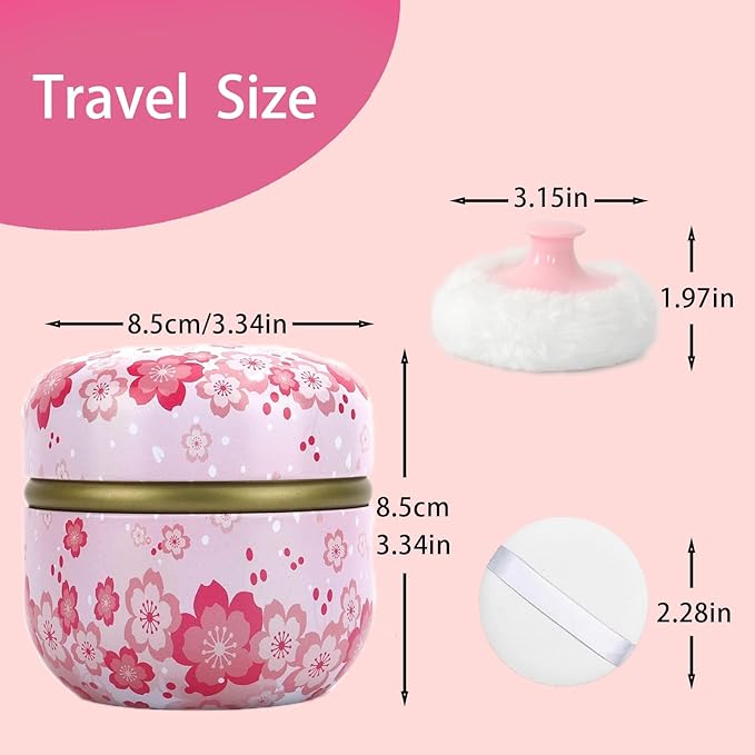 SHIMIDO Body Powder Puff and Container, 3.15" Portable Empty Body Powder Container for Baby Women's Loose Dusting Powder, Powder Case Box with Lids for Bath, Travel and Home Use (Pink Flower B)