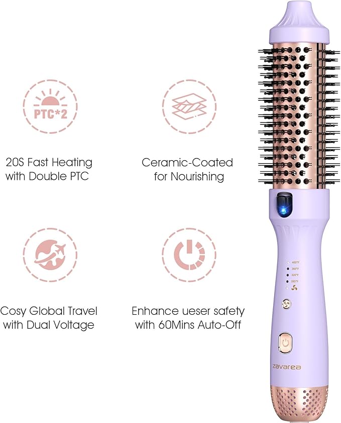 Zavarea Thermal Brush, 1.5 Inch Heated Round Brush for Blowout Look, Hot Styler with 800M Negative Ions & Ceramic for Less Damage & Frizz, Boosts Shine & Easy to Use, Dual Voltage, Valoran Purple