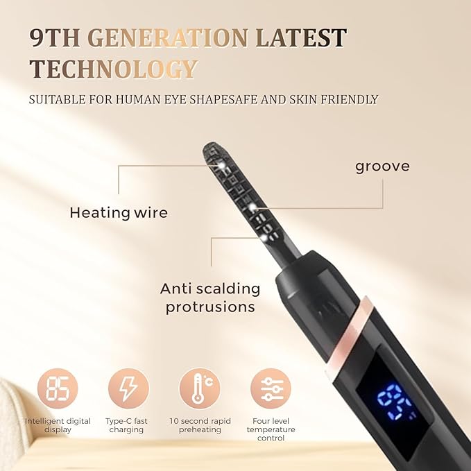 Heated Eyelash Curlers - Rechargeable Electric Eyelash Curler with 4 Heat Settings,Long-Lasting Curling Tool Includes Eyelash Brush,LED Display,Best for Women's Makeup (Black)