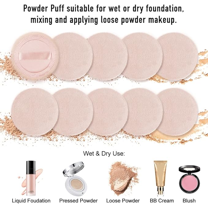 10pcs Powder Puff Cotton Cosmetic Face Makeup Powder Puffs Pads with Ribbon for Loose and Foundation 2.36 inch. (Beige)