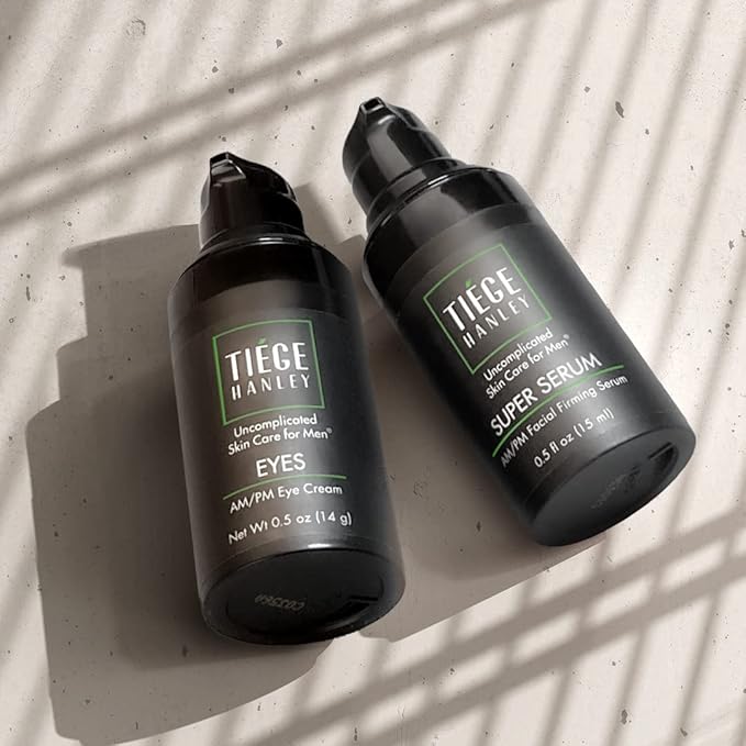 Tiege Hanley Morning and Night Facial Firming Serum (SUPER SERUM) and Eye Cream (EYES) for Men | Anti-Aging Pack | Sodium Hyaluronate and Retinyl Palmitate for Tighter, Smoother Skin | Caffeine to Fight Dark Circles | 0.5 ounces each