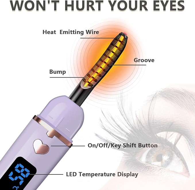 Heated Eyelash Curler, Electric Eyelash Curlers Type C Rechargeable, Heated Lash Curler for Women Natural Eye Lash Curler Makeup Tool with Eyelash Comb, 24 Hours Long Lasting-Dark Purple A