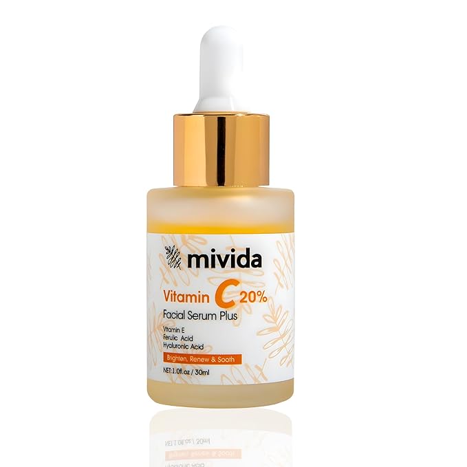 mivida 20% Vitamin C Serum for Face, Anti-Aging & Brightening Serum | W/Hyaluronic & Ferulic Acid, Vit E | Reduces Wrinkles, Fine Lines, Dark Spots & Hyperpigmentation, Maximum Strength Formula, 1floz