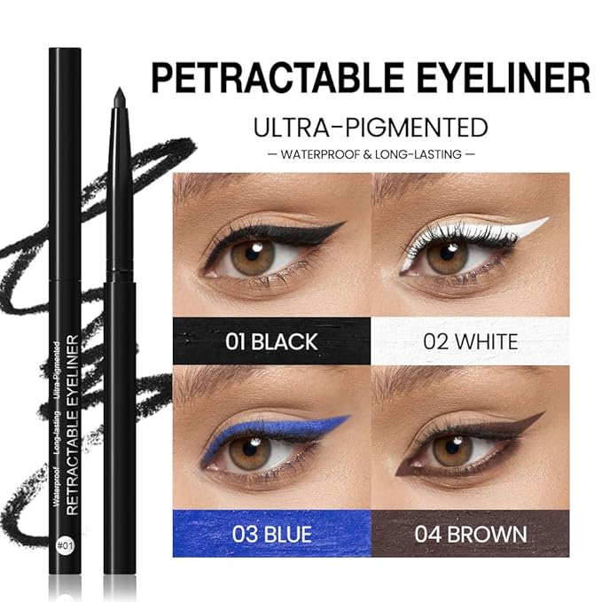 evpct 4Pcs White Blue Eyeliner Pencils Set for Eyes, Black Brown Eye Liner Pencil Makeup Waterproof Smudge Proof, Colored Gel Waterline Eyeliner Liquid, Face Eye Paint Stick Lipstick Halloween Makeup