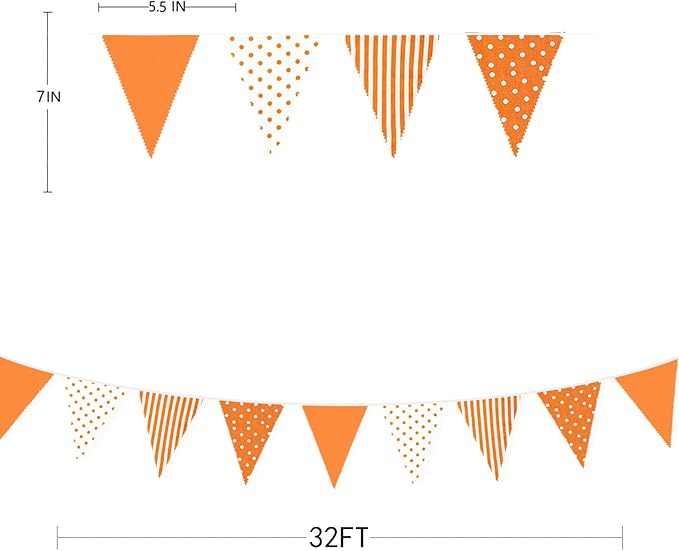 32Ft Orange Stripe Dot Triangle Flag Fabric Banner Cotton Pennant Garland Bunting Streamer for Fall Decor Autumn Wedding Birthday Party Thanksgiving Day Home Nursery Outdoor Garden Hanging Decoration
