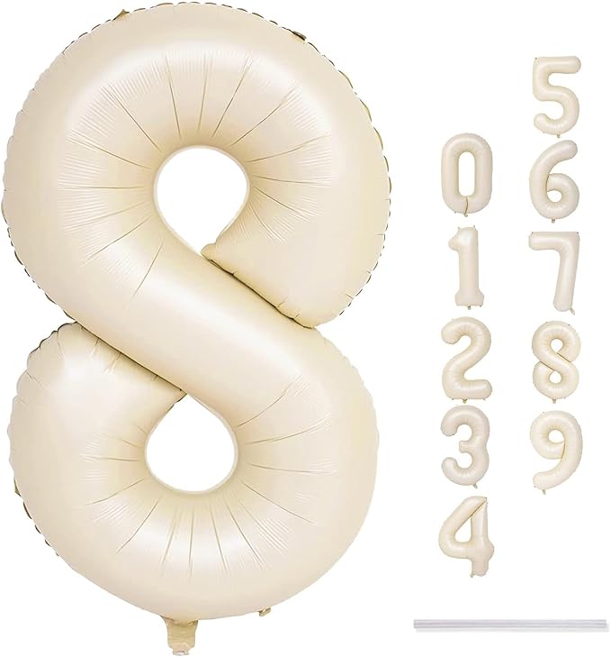 40 Inch Cream Foil Balloon Number 8, Giant Self Inflating Beige Number Balloons 0-9 for Men Women, White Sand 8 Helium Balloons Set for Girls Boys 8th Birthday Anniversary Party Decorations Supplies