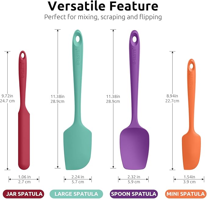 U-Taste Heat Resistant Silicone Spatula - 600ºF Hot-Proof Food Grade Kitchen Baking Bowl Scraper, Flexible and Sturdy Rubber Cooking Utensil for Mixing Scraping in NonStick Cookware (4 Pcs, Colorful)