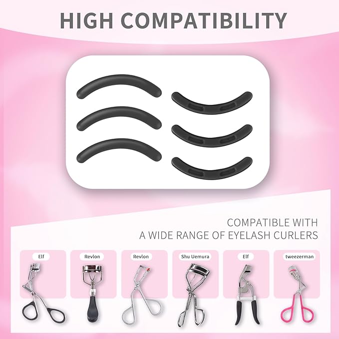 Soft Silicone Rubber Eyelash Curler Refills Compatible with Shiseido, Tweezerman, Revlon, Shu Uemura, Surratt, e.l.f Eyelash Curler for Travel Portable Carry,Cosmetic Accessory,6PCS (Black)
