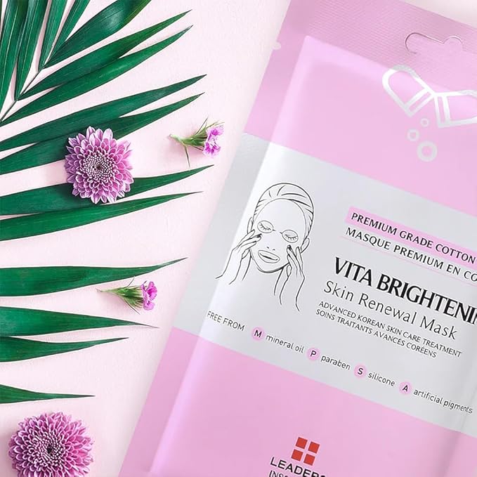 Leaders Insolution VITA Brightening Skin Renewal Mask | Vitamin C & Niacinamide for Dark Spot Reduction and Luminous Glow | 100% Natural Cotton Sheet for Dull Skin (5 Sheets)