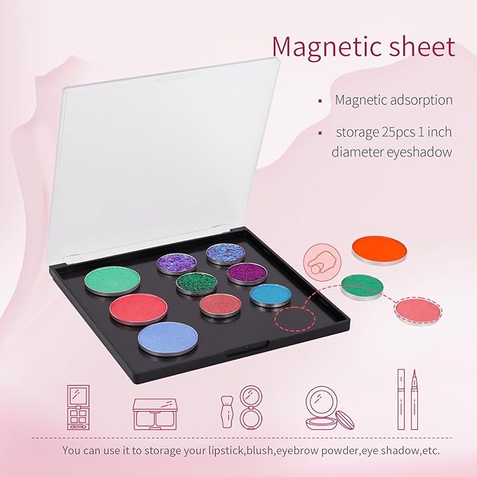 Magnetic Makeup Palette with Frosted Clear Top, 3Pack Empty Eyeshadow Dispensing Storage Box with 60Pcs Adhesive Metal Stickers for DIY Cosmetics Powder-5.72”X5.98”Palette
