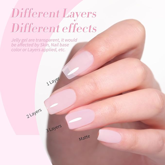 Born Pretty French Manicure Gel Nail Polish French Base Color Gel Polish Jelly Gel Nail Polish Set Sheer Milky Jelly Nude Pink Gel Polish Nail Art DIY at Home 6PCS