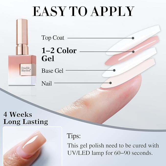 Double Rhythm 15 ML Gel Polish Pure Sheer Same Color Same Bottle Soak Off Gel Polish Nail Art Manicure Salon DIY at Home for Women (Jelly Nude-A1368)