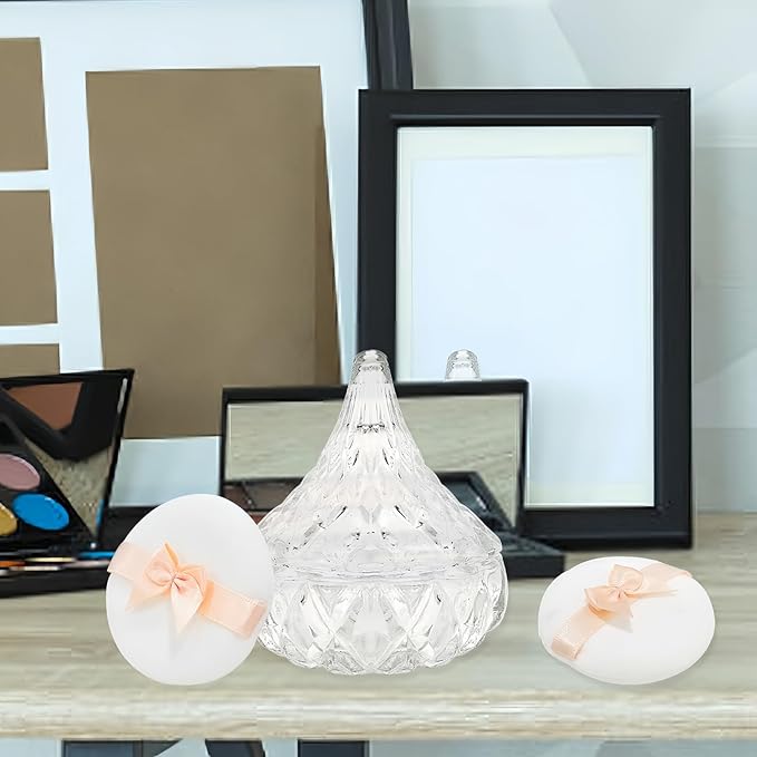 3 Pcs Large Body Powder Puff and Container,Glass Reusable Box Crystal Case Jar with Soft Puff Matsuko Shape