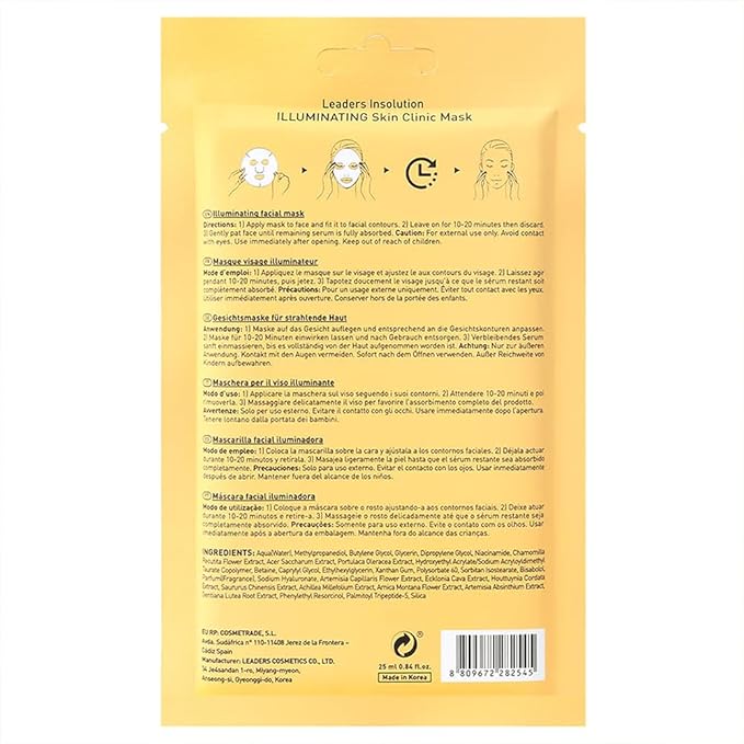 Leaders Insolution Illuminating Skin Clinic Mask | Omega-3 & Purslane Extract for Radiant Glow | Niacinamide Brightening Treatment | Even Skin Tone | 100% Natural Cotton (10 Sheets)