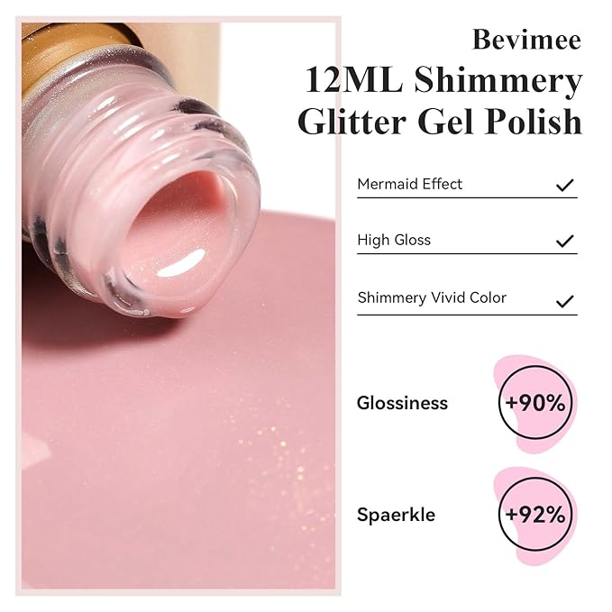 Glitter Gel Nail Polish, Light Pink Jelly Shimmer Iridescent Gel Polish Holographic Neutral Color Natural Translucent Soak Off UV Gel Polish for Nail Art Salon at Home, 12ML