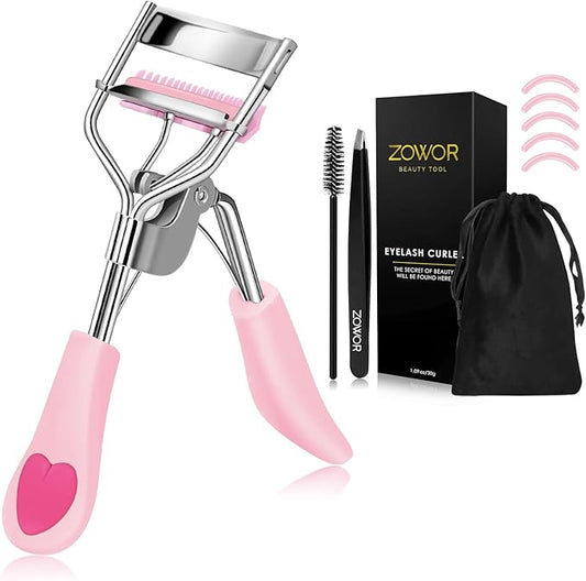 Eyelash Curler with 5PCS Silicone Refill Pad Fit All Eye Shape Curved Eyelash Curler,Natural and Long Lasting Lash Curler for Women Make Up Gift(Light Pink)