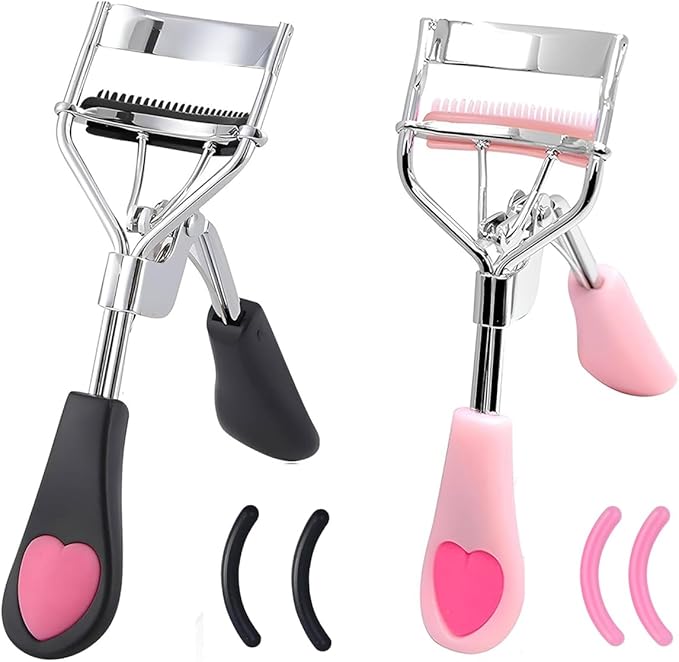 2 Pcs Stainless Steel Eyelash Curler with Built-in Comb Pinch Pain-Free Suitable for Any Eye Shapes and Sizes, with 4 Silicone Refill Pads(Black&Light Pink)