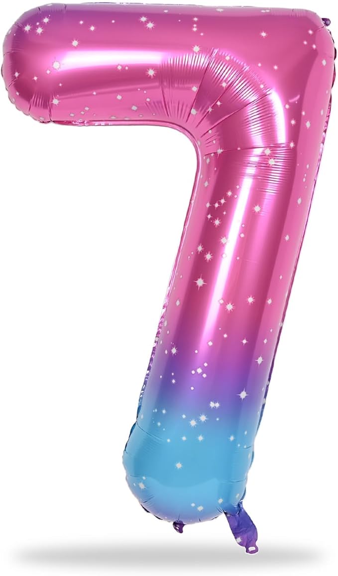 40'' Rainbow Number 7 Balloons, Giant Self Inflating Gradient Blue Pink Foil Number Balloons Set 0-9, Starry Digital 7 Helium Balloon for Girls 7th Birthday Party Decorations Anniversary Supplies