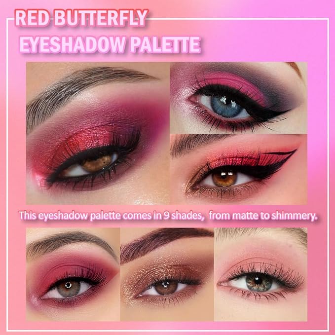 AMY'S DIARY Matte Shimmer Light Deep Red Eye Shadow Palette Makeup,Eyeshadow Long Lasting Waterproof Cruelty-Free, 9 Blendable Shades in Smooth Finishes with Gorgeous Pearls for Girls (Red)