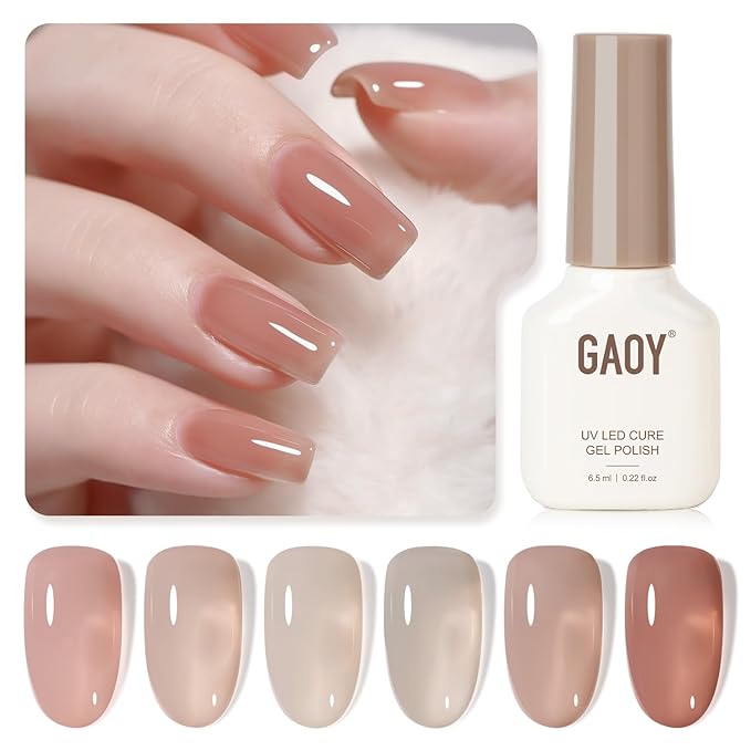 GAOY Jelly UV Gel Nail Polish of 6 Transparent Nude Pink Gray Colors Sheer Gel Polish Kit for Salon Manicure and Nail Art DIY at Home, Rose Quartz