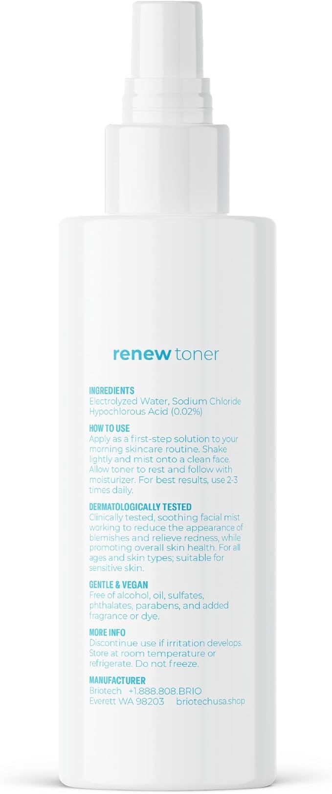 BRIOTECH Renew Toner, Hypochlorous Acid Spray, Minimize Appearance of Blemishes, Soothing Facial Mist for Sensitive Skin, Calm Redness & Bumps, Vegan, 2 fl oz Travel Size
