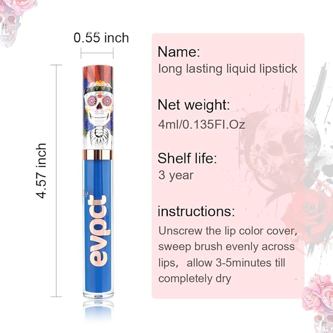 evpct 1Pcs Royal Blue Matte Liquid Lipstick Lip Stain Sets for Women, Skull Face Halloween Dark Blue Matte+Lipstick Long Lasting Permanent 24 hr Hours Magic Lipstick 24 Hours original Waterproof,21#