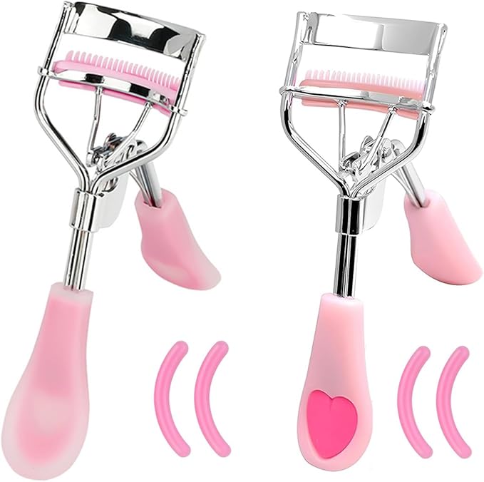 2 Pcs Stainless Steel Eyelash Curler with Built-in Comb Pinch Pain-Free Suitable for Any Eye Shapes and Sizes, with 4 Silicone Refill Pads(Hazy Pink&Light Pink)