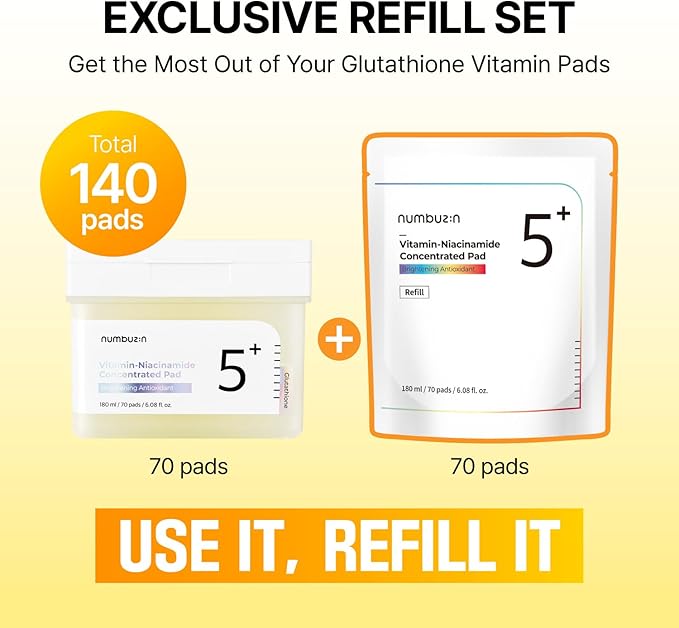 numbuzin No.5 Toner Pads Refill Set | Vitamin-Niacinamide Concentrated Pad | Double-Sided | Glutathione, Niacinamide, PHA & LHA | Exfoliation, Hyperpigmentation Care (140 Pads)
