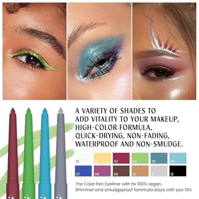 evpct 12Pcs Colored Glitter Shimmery Shimmer Gel Eyeliner Pencils Set for Women, Green Blue White Black Purple Eyeliner Waterline Waterproof lapiz de ojos delineador de ojos contra el agua eye Makeup